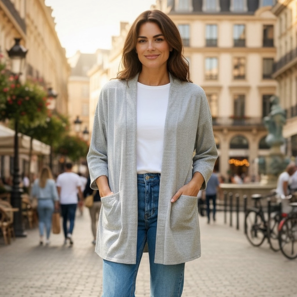 DONNI. Sandwash Relaxed Open-Front Soft Grey Cardigan, One Size